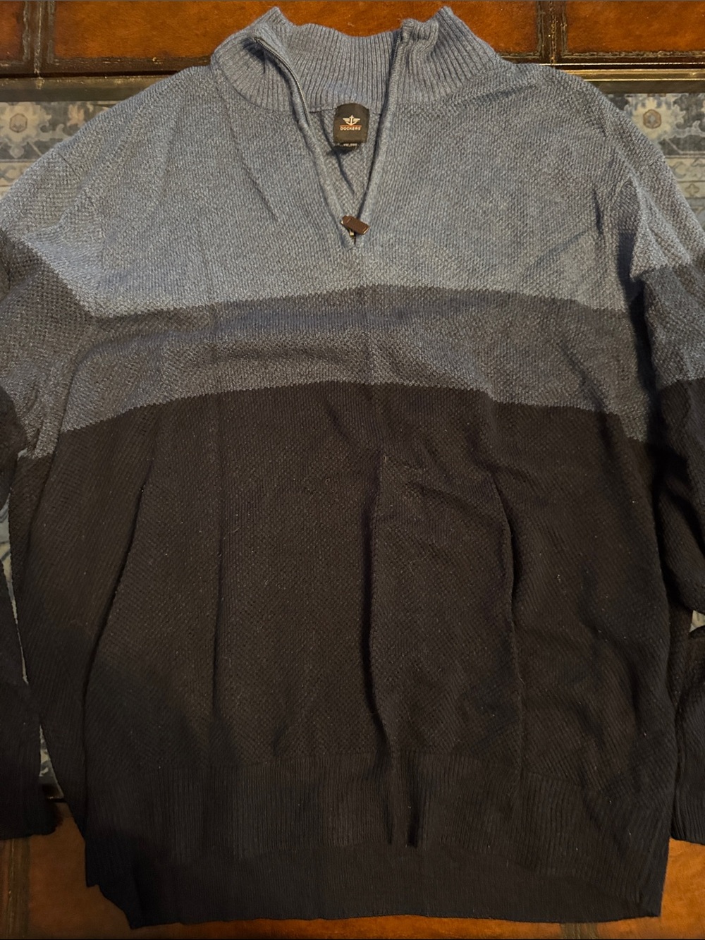 Dockers Men's Blue and Black Zip-Neck Colorblock Sweater